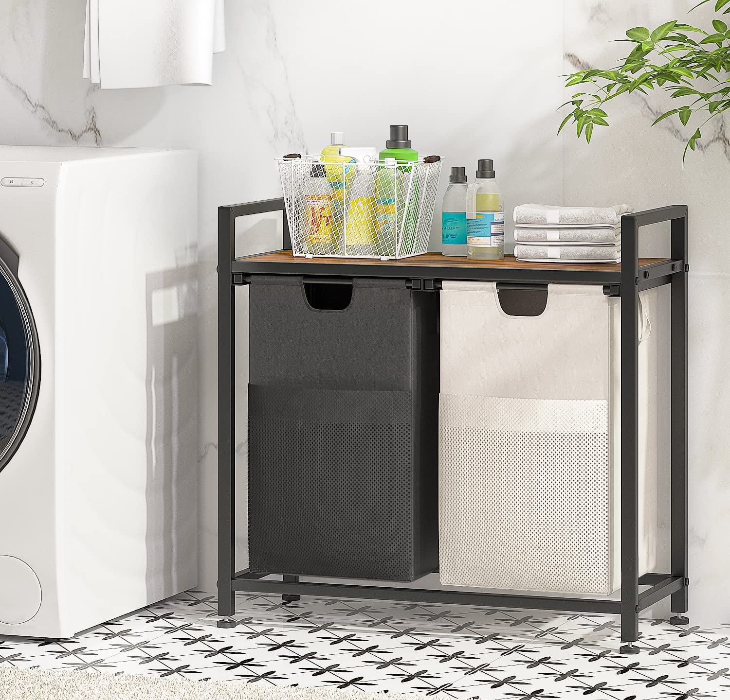 112L Large Double Laundry Hamper Basket with Shelf, 2 Removable Bags, Side Pockets & Laundry Sorter Organizer for Bedroom, Dorm & Bathroom