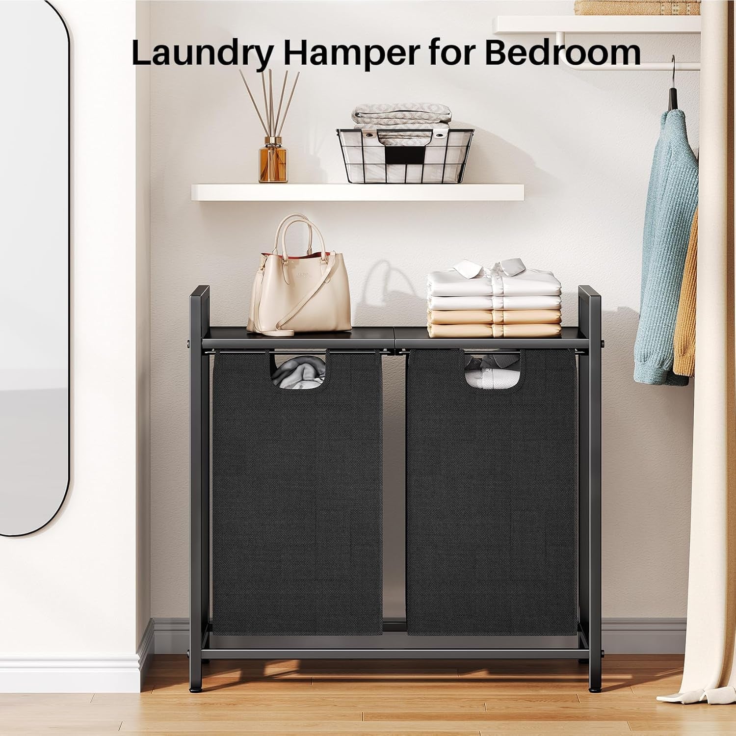 Laundry Hamper with Shelf & 2 Removable Bags – 89L Dual Compartment Clothes Basket Organizer for Laundry Room, Bathroom, Dorm – Water-Resistant, Pull-Out Design, Sturdy Metal Frame