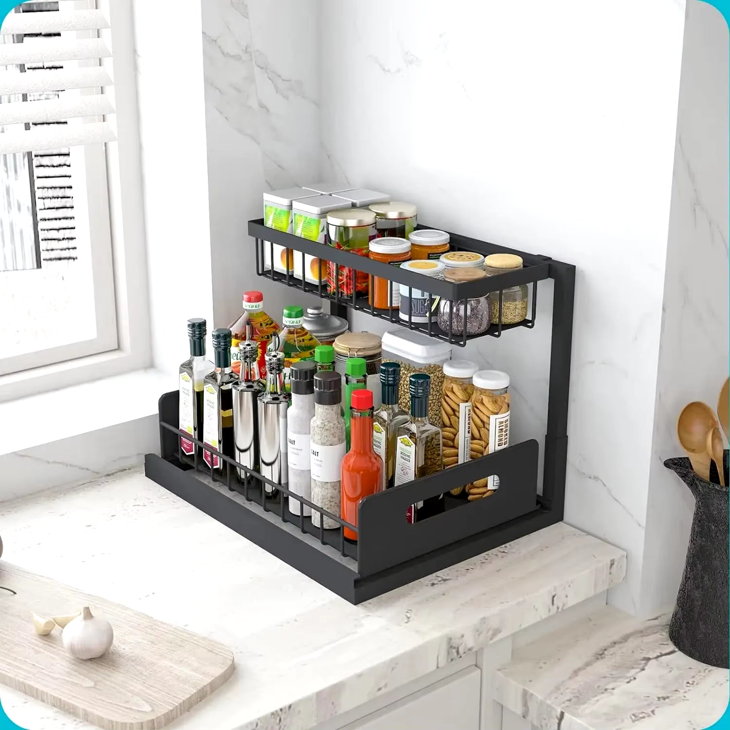 2-Tier Slide-Out Under Sink Organizer Rack – Space-Saving L-Shape Shelf for Kitchen & Bathroom Cabinets