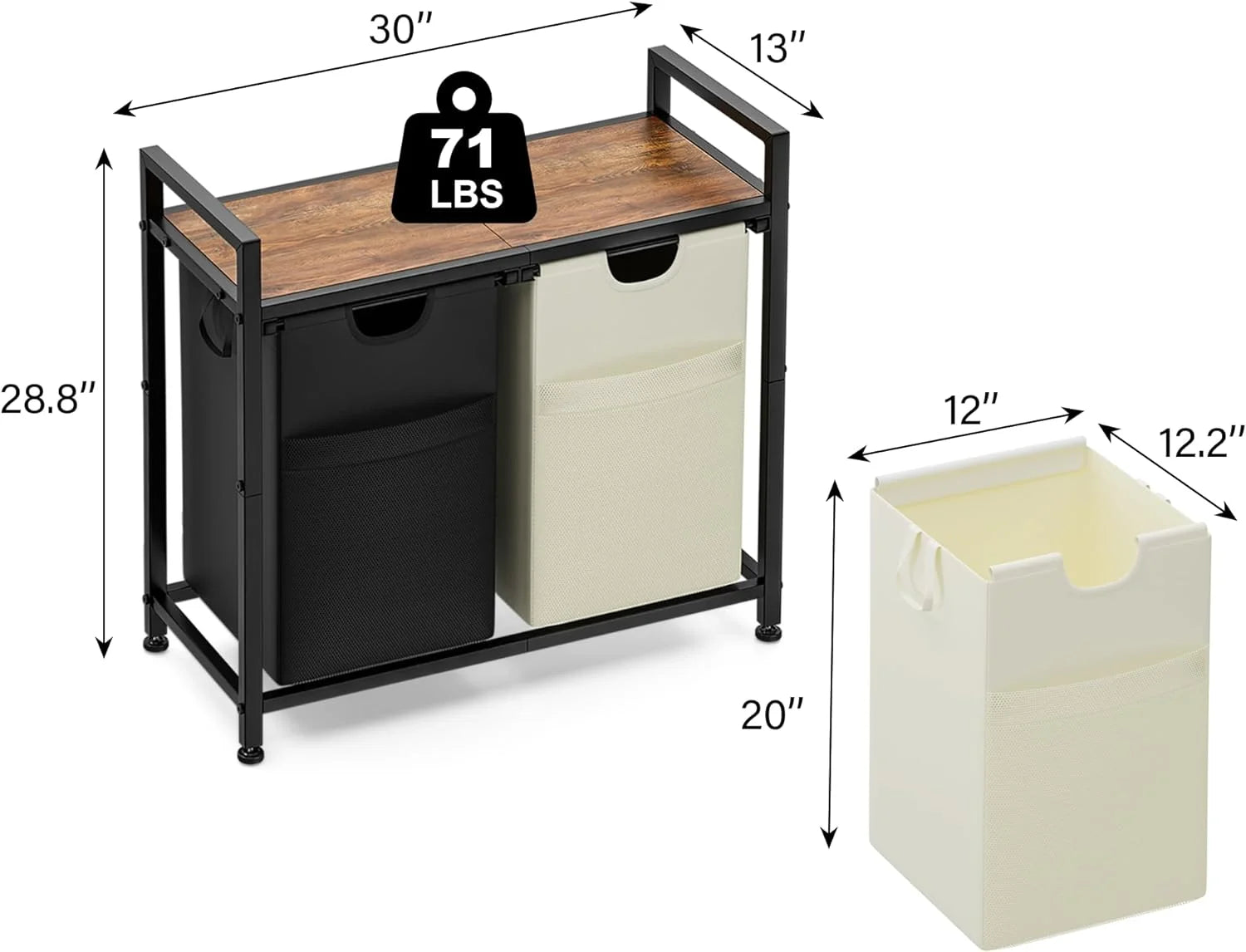 112L Large Double Laundry Hamper Basket with Shelf, 2 Removable Bags, Side Pockets & Laundry Sorter Organizer for Bedroom, Dorm & Bathroom