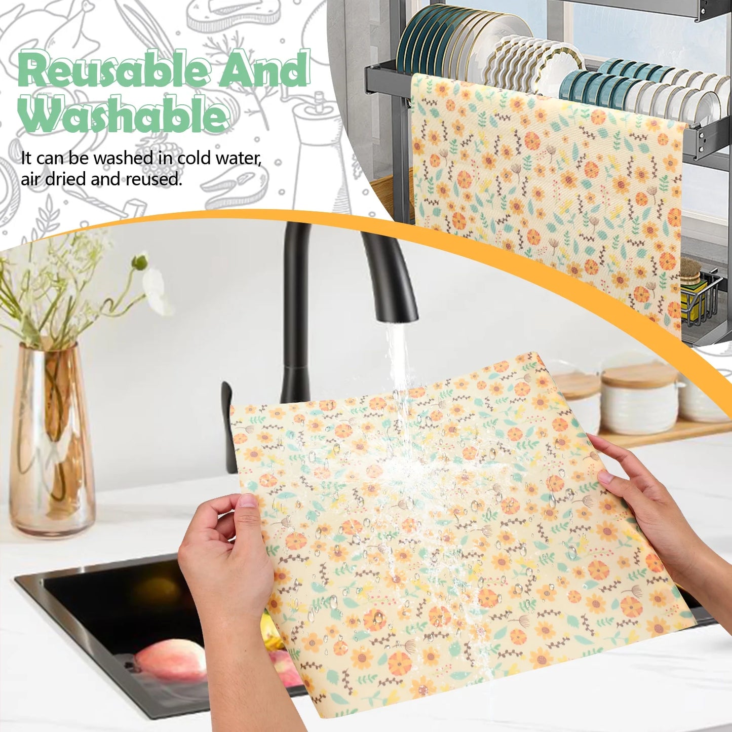 Reusable Beeswax Food Wrap Roll – XL 39.4” x 13” Sunflower Print | Cut-to-Size Eco Wrap for Bread, Sandwiches, Bowls & More – Washable, Sustainable & Plastic-Free