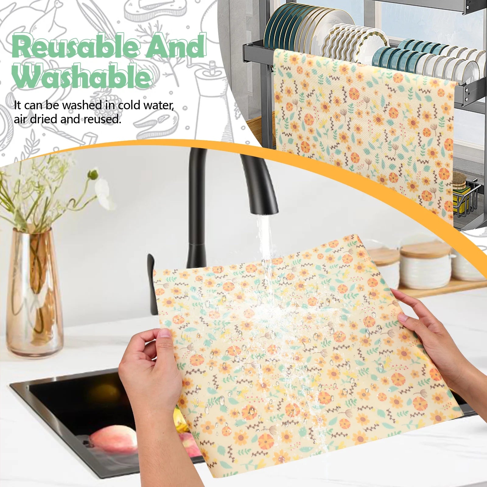 Reusable Beeswax Food Wrap Roll – XL 39.4” x 13” Sunflower Print | Cut-to-Size Eco Wrap for Bread, Sandwiches, Bowls & More – Washable, Sustainable & Plastic-Free